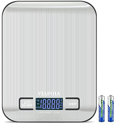 VIAFOIA Digitale Küchenwaage, 5kg professionelle elektronische Waage mit LCD Display, Edelstahl Digitalwaage für Lebensmittel, Kaffee