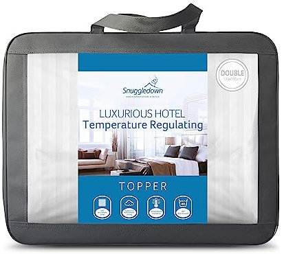 Snuggledown Luxury Mattress Topper Double Bed - Temperature Regulating & Cooling Mattress Topper for Hot Sleepers | Satin-Striped Cover, UK-Made, Corner Straps, Washable (135 x 190cm)