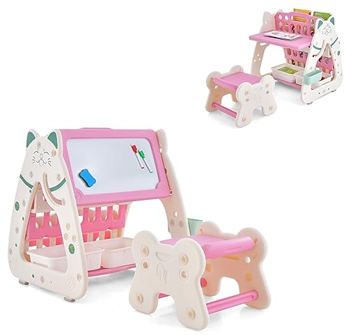 LIFEZEAL Chevalet Magnétique pour Enfants, Tableau Enfant 56x54x63 CM, Bibliothèque Enfant en Bois avec Tabouret Réglable, Bureau de Dessin et d’Ecriture pour Enfants 1-5 Ans (Rose+Blanc)