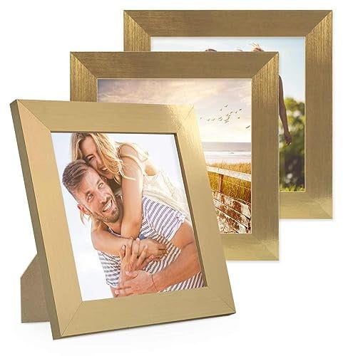 PHOTOLINI Bilderrahmen 15x15 cm Gold MDF-Holz, breite Rahmen, 3er Set, modern, bruchsicheres Acrylglas, zum Aufhängen & Aufstellen, extra Zubehör - für Ihre stilvolle Wanddekoration