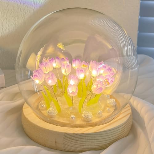 jackfru DIY Tulpe Nachtlicht, DIY Tulpe Nachtlicht, Tulip Lamp mit Glasabdeckung, Atmosphäre Licht Schlafzimmer Schlafen Tischlampe, Tulpe Blume Lampe für Kinder Mädchen Paar (Lila-20pcs)