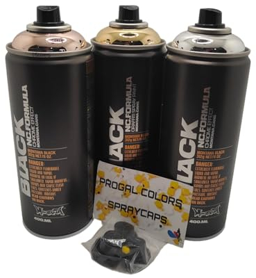 PROGAL COLORS Set di bombolette spray Montana Black - Argento, Rame e Oro Cromo 3 x 400 ml incl. + 3 testine di ricambio