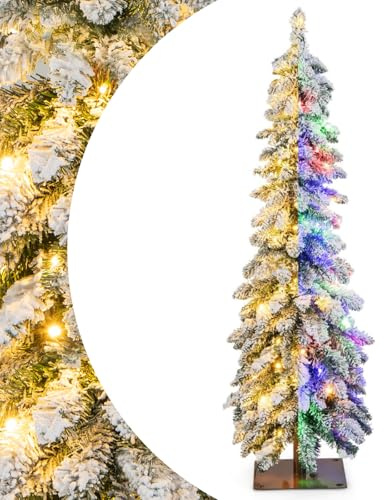 SPOTRAVEL 4FT Slim Christmas Tree, Pre-Lit Artificial Pencil Xmas Tree | with 100 LED Lights, 225 Branch Tips, 11 Lighting Modes & Timer, Snow-flocked Festival Decoration Trees