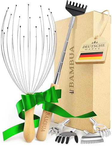 BAMBUA Kopfmassage Spinne & Rückenkratzer Set für nachhaltige Entspannung - 100% All-Inclusive Geschenkset inkl. 2x Schleifen - Kleine Geschenke für Männer, Geschenke für Frauen, Weihnachtsgeschenke