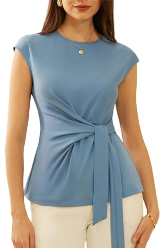 Damen Kurzarm Slim Fit Bluse Plissee-Top Tunika Taillen Wickelbluse Einfarbige Basic Shirt Sommer Oberteile Party Urlaub Grau Blau M