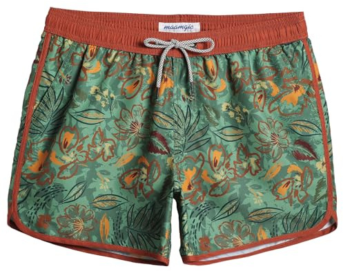 MaaMgic Mens 5 Short 70s 80s 90s Vintage Swim Trunks Quick Dry Bathing Suits Swimming Shorts Swimsuits Board Shorts,New Vintage Red Flower Green Leaves 4.5,S