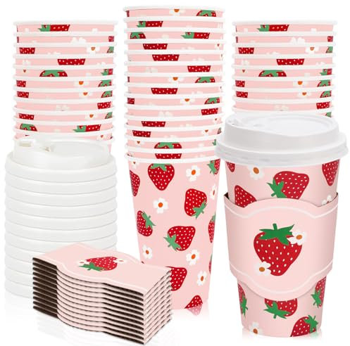 JarThenaAMCS 48 Pack Strawberry Disposable Coffee Cups with Lids and Sleeves Red Pink Strawberry Flower Paper Drinking Cups for Spring Summer Birthday Party Supplies