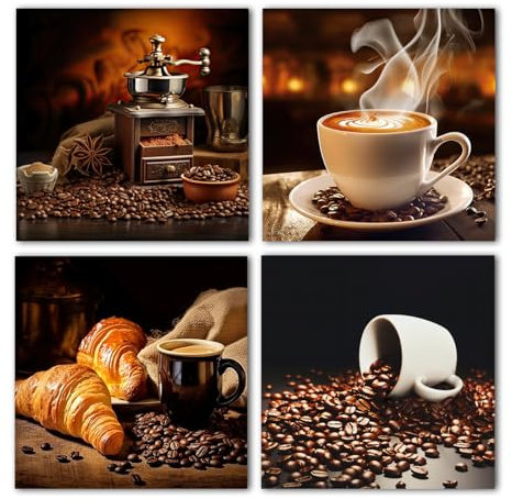 LZIMU Kaffee Leinwand Wanddrucke Küchendekoration 4 teilige Kaffeebohnen Kaffeetasse Kaffeemaschine Kunstdrucke Vintage Kunstwerk Kaffee Bar Dekor (A, 30.00 x 30.00 cms x 4PCS)