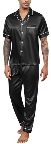 Reliwel Pigiama da Uomo Pigiama Uomo Seta in Raso Manica Corto con Bottoni Estivo Set Pigiami Due Pezzi Classic Camicia da Notte Elegante Sleepwear