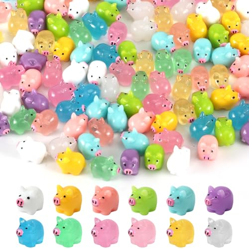 XIHIRCD 120St Mini Harz Schwein, Leuchtende Mini Schweine im Dunkeln Leuchtend Kleine Schweine Miniatur Schwein Figuren für DIY Puppenhäuser Gartenlandschaft Geburtstagsparty (12 Farben)
