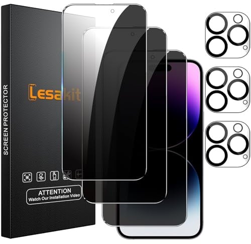 Lesakit [3+3 Pack Privacy Screen Protector for iPhone 14 Pro Max 6.7 Inch with 3 Pack Camera Lens Protector, Anti Spy Tempered Glass Film 9H Hardness Bubble Free Case Friendly