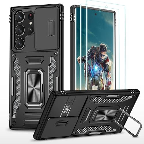 YmhxcY For Samsung Galaxy S23 Ultra Case, With [2*Screen Protector Film] 360° Rotate Metal Stand,Sturdy Case[Military Grade] For Samsung Galaxy S23 Ultra-Black