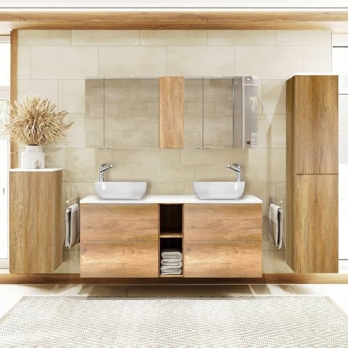 Lomadox Badezimmer Badmöbel Set 4-teilig mit 140cm Waschtisch, Eiche mit weiß