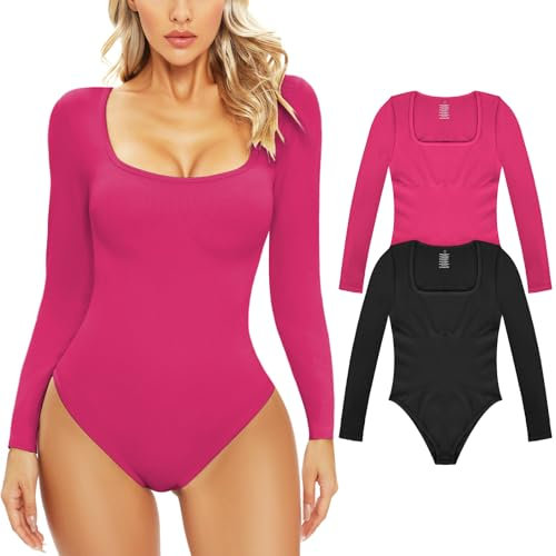 PASUDA Body Donna Manica Lunga Elegante, Bodysuit Scollo a U Sexy Tinta Unita Casuale Elasticizzato Body Basic Tuta Aderente Top (Nero+Rosa, M)