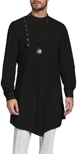Runcati Herren Baumwolle Kaftan Langarm Oversized Gewand Casual Knopf Muslim Hemd Schwarz XX-Groß