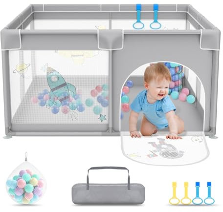 NAIZY Laufstall Baby XXL Laufgitter 200x180cm inkl. Trainingsarmband & Ozeanbällen mit atmungsaktivem Netz und Rutschfester Basis für Kinder im Innen- und Außenbereich, Astronauten-Muster Grau