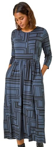 Roman Originals Midi Dress with Pockets for Women UK Ladies Stretchy Jersey Maxi Long 3/4 Length Sleeve Gathered High Waist Boho Flattering Skater Swing Fit Flare - Grey Black - Size 12