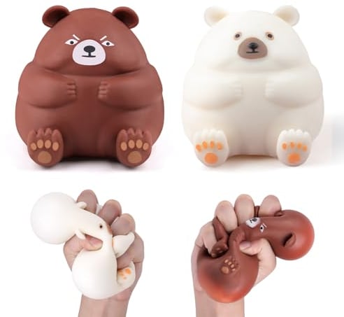 Anboor 2 Stück Bär Squishies Spielzeug, Dehnbarer Bär Stressball, Sensorisches Simulations-Bär-Tier-Fidget-Spielzeug für Kinder und Erwachsene (Weiß & Braun)