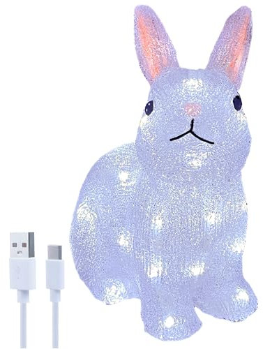 Gloworm YKL-1019, 22 cm Acryl-Batteriebox Hase mit 26 weißen LEDs, 6-Stunden-Timer, Dual-Netzteil USB oder Batterien: 3 x AA 1,5 V (Nicht im Lieferumfang enthalten) für den Innenbereich