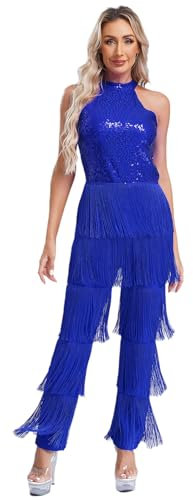 Jugaoge Damen Latein Body Neckholder Jumpsuit Overall Pailletten Top und Lange Hose mit Fransen Einteiler Tanzbekleidung Cha Cha Samba Salsa Kleid Königsblau M