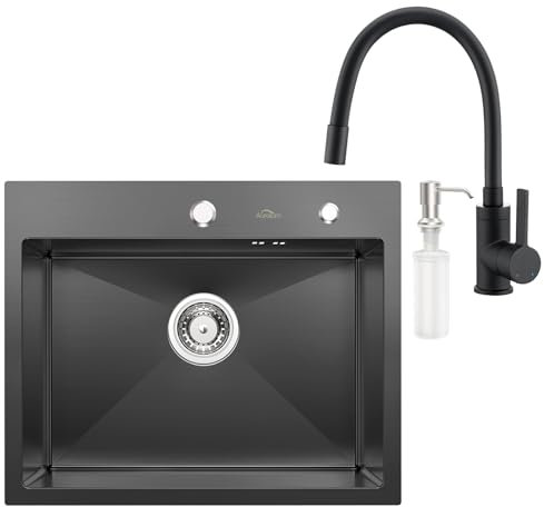 Auralum Évier de cuisine avec robinet 55 x 45 cm - Robinet encastrable en acier inoxydable + robinet de cuisine noir avec distributeur de savon + siphon - Évier noir anthracite avec robinetterie