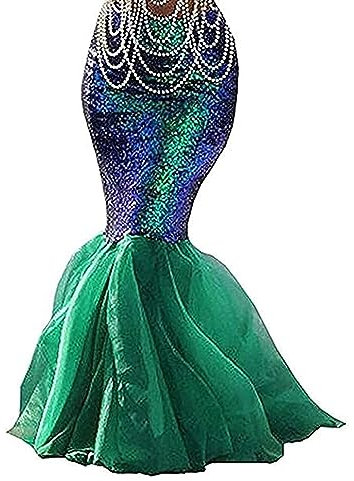 YOUDTIAN Meerjungfrauen-Rock für Damen, Dessous, Halloween, Cosplay, ausgefallene Pailletten, langer Schwanz, Kleid mit asymmetrischem Netzeinsatz, A-grün, 36