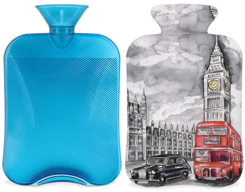 Vintage British UK London Big Ben Hot Water Bottle with Cover, 2L Hot Water Bag for Pain Relief, Neck and Shoulder, Hand Feet Warmer