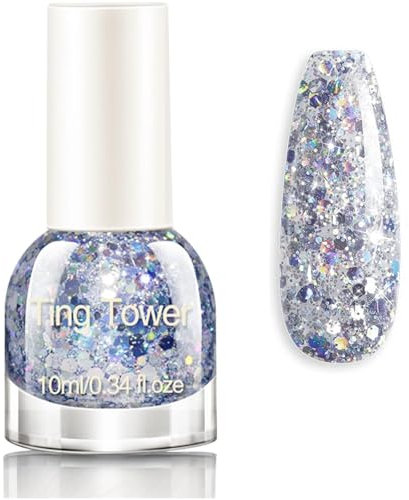 Glitter Nail Polish - Silver Sparkly Nail Varnish - Nail Varnish Quick Dry - High Glossy Shine Silver Color with Purple Paillette -No Need Baking & Easy to Apply Nail Polish for Women