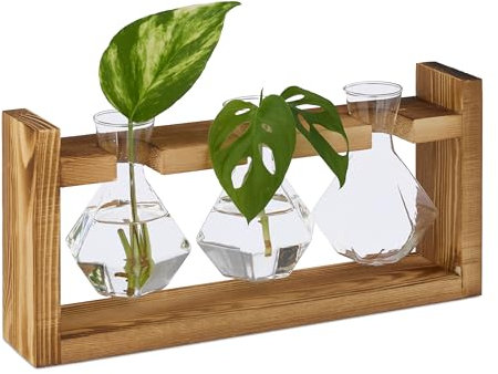 Relaxdays Reagenzglas Vase, geometrische Glasvasen Ständer, Blumen & Pflanzen, HxBxT: 13x28x6,5 cm, transparent/Natur