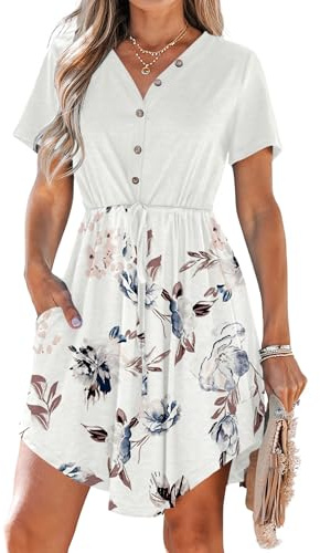 AUSELILY Summer Dresses for Women UK Casual V Neck Short Sleeve Drawstring Midi Dresses with Pockets Floral White M