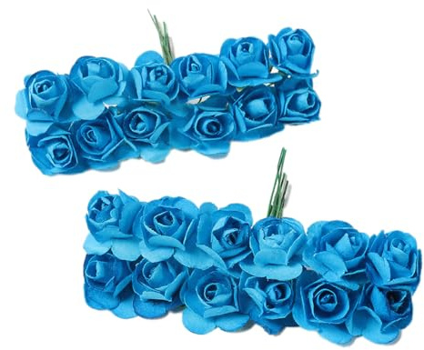 Anevous 12 Stück Künstliche Rosen Papier, Kunstrosen Köpfe, Mini Rose Papierblume, Rosenblüte Klein mit Stiel zum Basteln, Miniblumen Dekoration für DIY Party Hochzeit Brautstrauß Dekor,Blau
