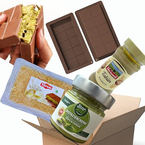 Dubaï Kit de bricolage au chocolat XXL crème de pistaches, kadayif, moule à chocolat, moule à chocolat, crème à la pistache de Tahin, cheveux d'ange, fils de pâte de sésame