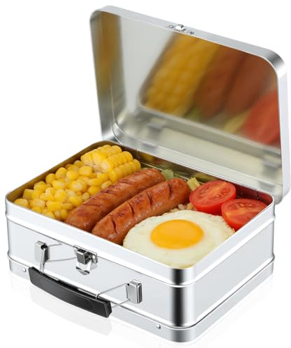 Cabilock Retro Metal Lunch Box with Handle, Silver Tin Container with Locking Lid, Portable Snack Food Storage for Packed Lunch, Picnic, Office, School, Crafts and Keepsakes