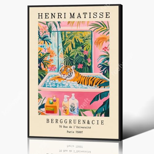 Vintage Henri Matisse Leinwandbild, Tiger in Badewanne, lustiges Badezimmerposter, süßer Tiger-Tierdruck, rosa-grünes Dopamin-Strand-Wanddekor, tropisches botanisches Blumenbild 30x40cm gerahmt