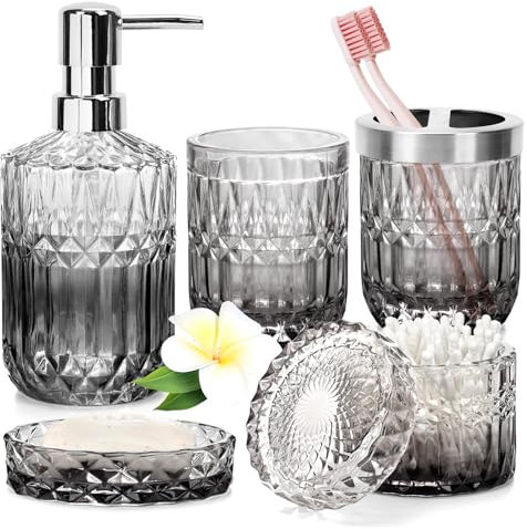 Lot de 5 Accessoires de Salle de Bain en Verre avec Distributeur de Savon, Porte-Savon, Porte-Brosse à Dents, bidon de Coton-Tige, gobelet, kit de décoration de Salle de Bain
