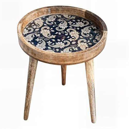 Hartsmede Mango Wood Side Table – Handmade 85% Artisan Small Coffee Table – 38cm Enamel Top – Resin-Coated – Two Heights: 18 or 24 – Lightweight & Strong – Living Room or Bedroom (F Paisley, 18)