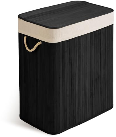 Massido Panier à linge, 2 compartiments, 100 l, avec couvercle et sac à linge, en bambou, noir, 61 x 54 x 34 cm