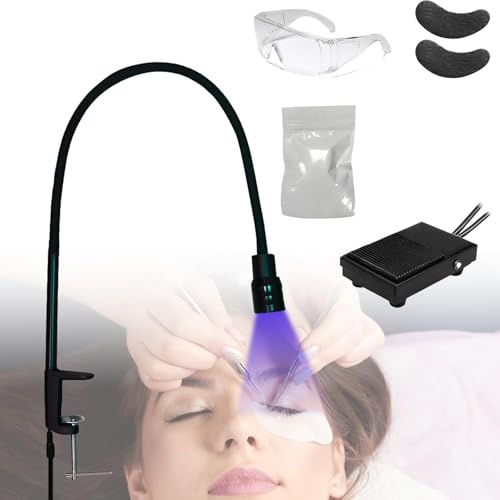 Lámpara de pestañas 10 W luz UV para pestañas fotoendurecibles | extensiones de pestañas, interruptor de pie, tamaño de punto ajustable, cuello de cisne, 1-3 segundos, con adhesivo