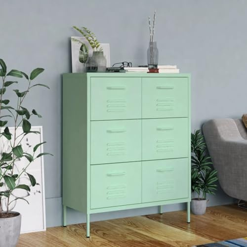 Yisssmeng 6-Drawer Mint Green Steel Storage Cabinet 80 x 35 x 101.5 cm Modern Tall Locker for DVDs Books Workshop Garage Hallway