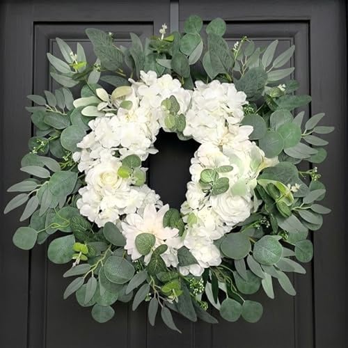 Türkranz Haustür Weiß Ganzjährig (66cm) - Eleganter Blumenkranz mit Rosen, Dahlien & Hortensien - Großer Künstlicher Kranz für Hochzeit & Wanddeko - Realistische Seidenblumen (Landhausstil)
