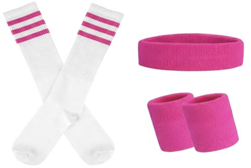 Rosa Schweissband Und Socken Set,Kostüm 80er 90er Jahre Damen Stil,Armband,Gestreifte Hohe Socken,Tennis Sport Kostüm Damen,für Damen Herren Sport,Laufen Radfahren,Karneval,Kostüme Party Zubehör