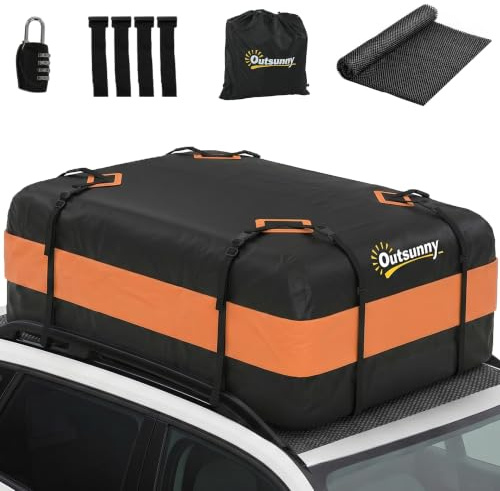Outsunny Coffre de Toit de Véhicule 425 L pour Voitures avec/sans Barres | Intempéries, 8 Sangles Renforcées, 4 Crochets de Portes, Cadenas Antivol, Tapis Antidérapant, Sac de Toit Voiture