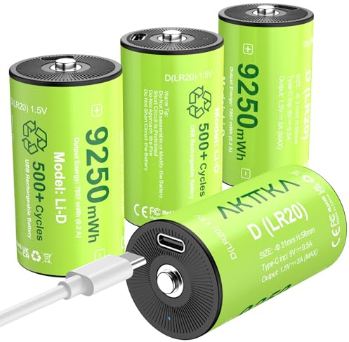 AKTTKA Rechargeable D Batteries, 4 Pack (9250mWh) Lithium 1.5V with 4-in-1 USB-C Charging Cable, D Format for Flashlights, Toys and More