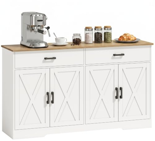HOMCOM Sideboard Küchenschrank mit 4 Türen für Küche 140 x 38 x 81 cm Weiß | 2 Schubladen, Buffetschrank, Verstellbaren Regalen, Landhausstil Aufbewahrungsschrank, Esszimmer, Wohnzimmer