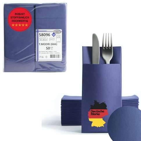 AROBA 50 Stück Vorgefaltete Airlaid Besteckservietten - 39x40 cm Stoffähnliche Einweg-Bestecktaschen mit Serviette, Robust & Besonders Saugstark - für Catering, Events, Hotel & Party - Blau