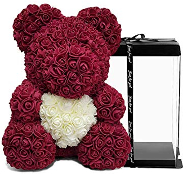 HarFri Rosenbär Künstliche Blumen 40 cm inklusive Geschenkbox Ewige Blumen (Kirsche)
