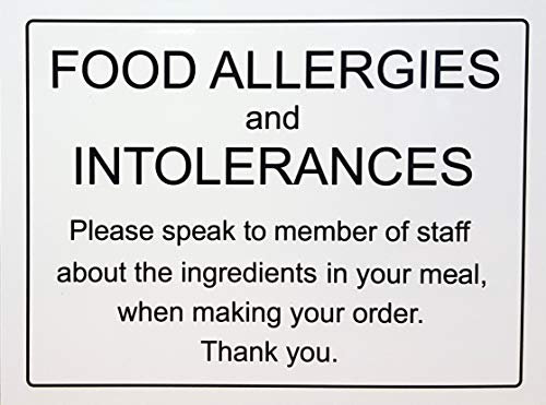 Segnale di avviso di sicurezza per allergia alimentare e intolleranze, adesivo in alluminio (20 cm x 15 cm, bianco)