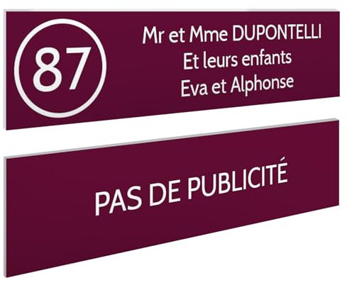 DECOHO - Plaque Boite aux Lettres Personnalisable - Lot de 2 plaques adhésives en Plastique Bordeaux Lettres Blanches - Format 100x25 mm - Bordeaux