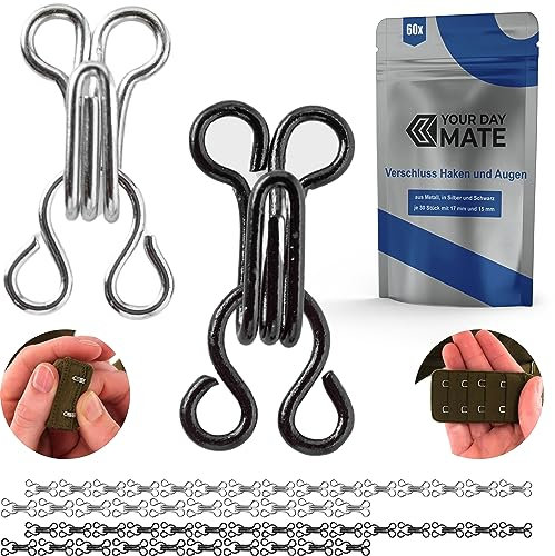 Verschluss Haken und Ösen, 60 Pack, Schwarz und Silber, zwei Größen Set, Haken Augen für BH, Bikini, Kleid, Rock, Häkchen für Kleidung, Ösen-Verschluss zum Nähen, Unterwäsche Verschlüsse, DIY Hook Eye