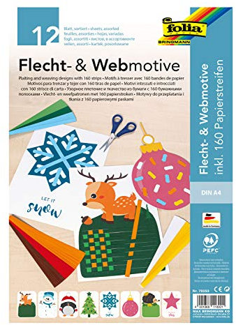 folia 70253 - Flecht- & Webmotive Set Xmas, DIN A4, 8 winterliche Motive inklusive 160 Papierstreifen in 8 Farben, kreative Beschäftigung für Kinder